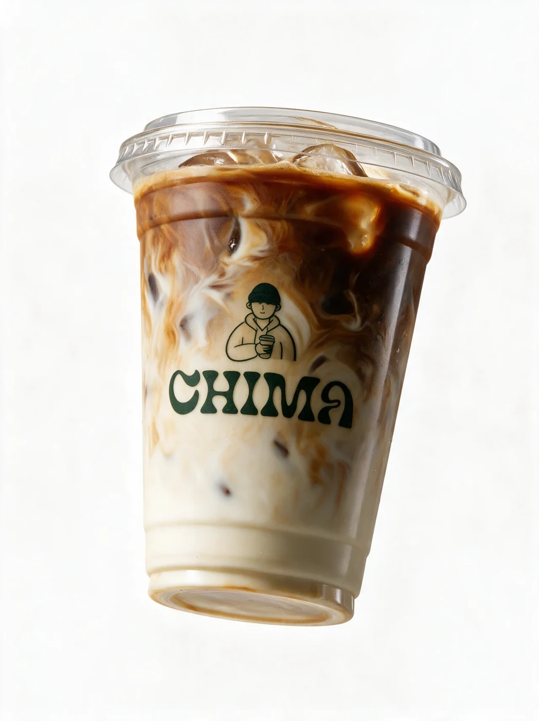 Café glacé dans un gobelet Chima avec le logo et sa mascotte