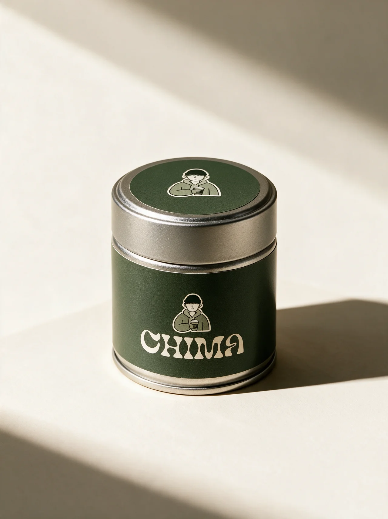 La boîte métal Matcha Chima de 40 g, dans une mise en scène studio crème