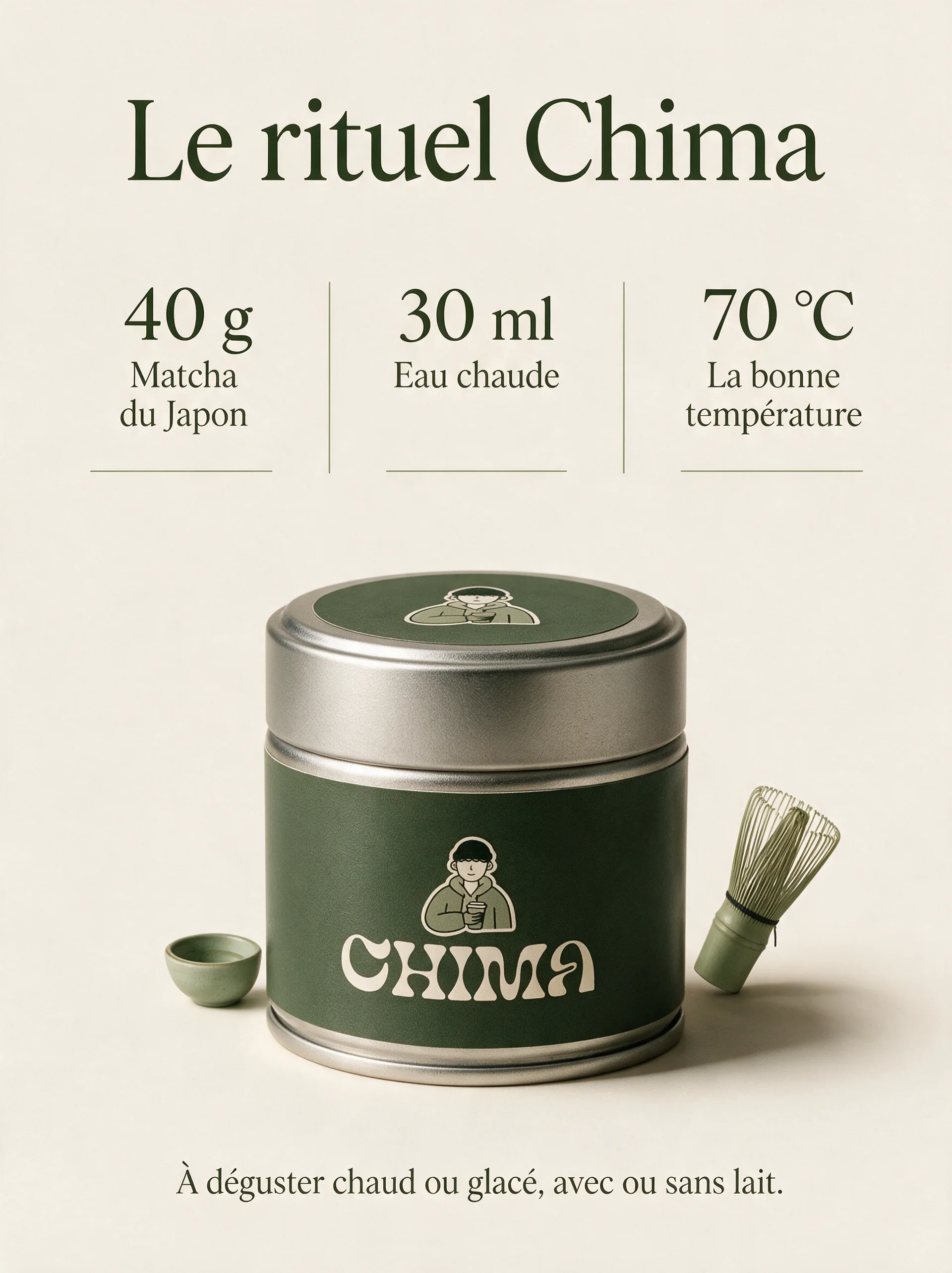Le rituel Chima : Matcha du Japon 40 g, 30 ml d’eau chaude à 70 °C. À déguster chaud ou glacé, avec ou sans lait.
